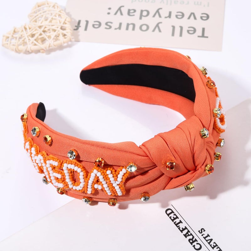 YAHPERN Game Day Headband, Crystal Pearl Knotted Jeweled Top Knot Headband for Women, Sports Baseball Football Hair Accessories (Orange, 1 Count) - Image 3